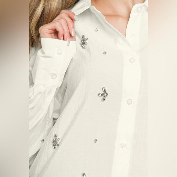 NWT EMERY Rhinestone Embellished Long Sleeve Shirt | Ivory - Picture 7 of 7